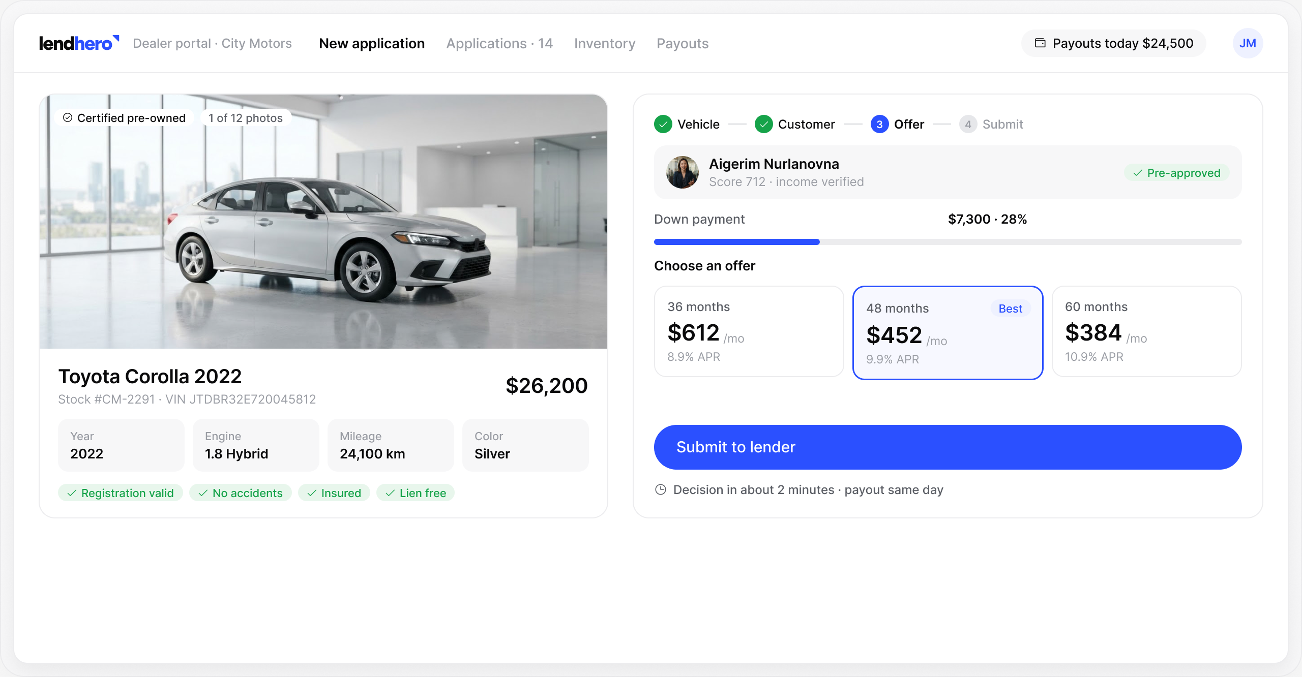 lendhero Auto financing software interface