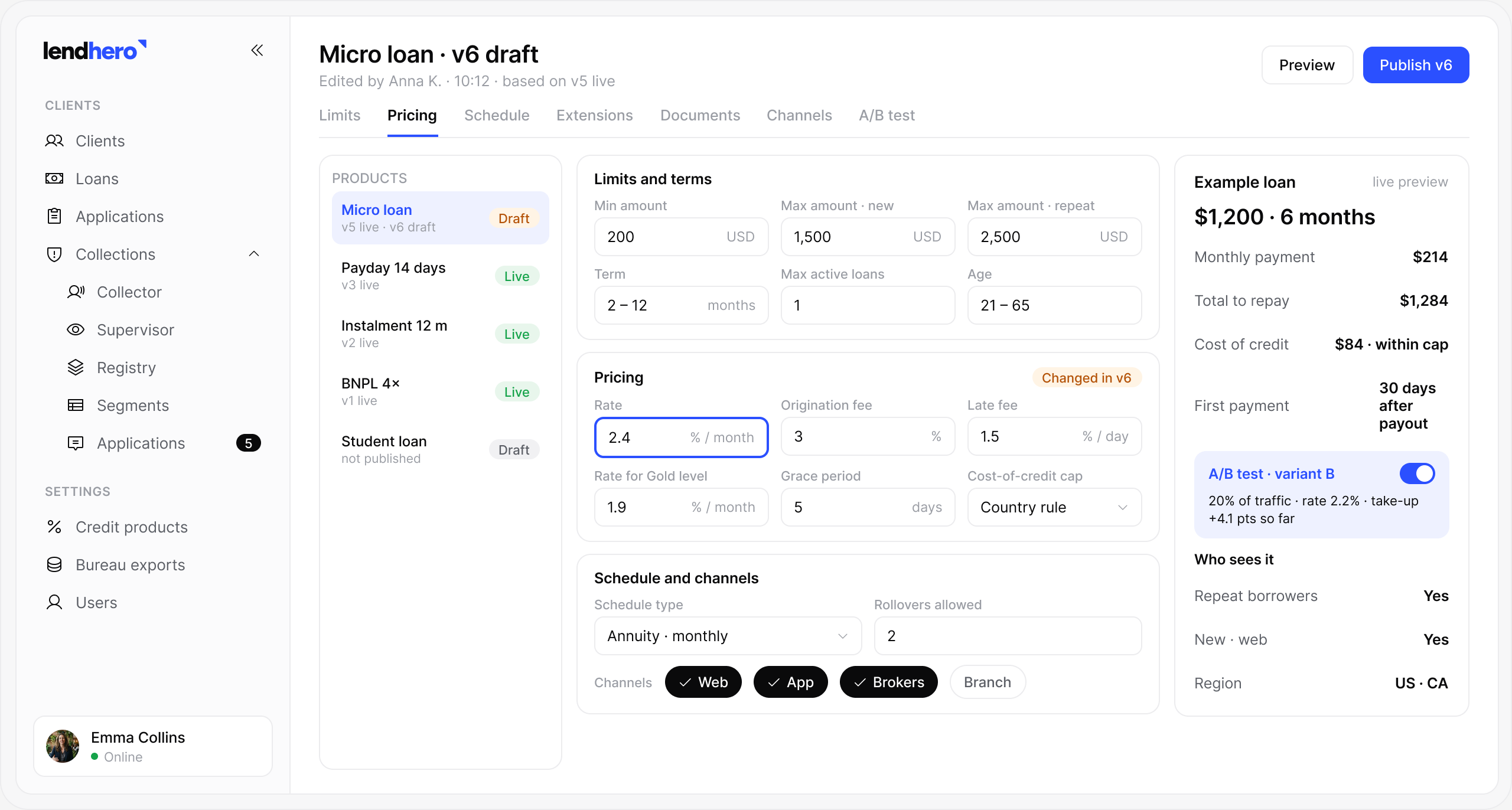 lendhero Configurable products software interface