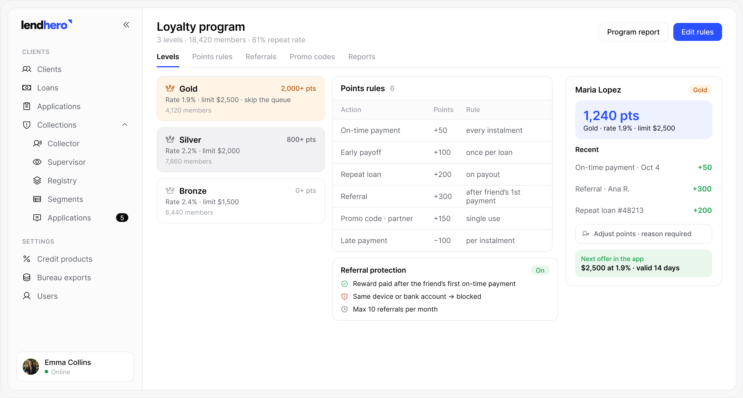 lendhero Loyalty software interface