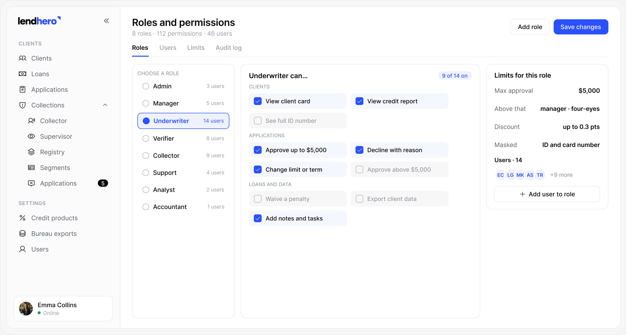 lendhero Roles and permissions software interface
