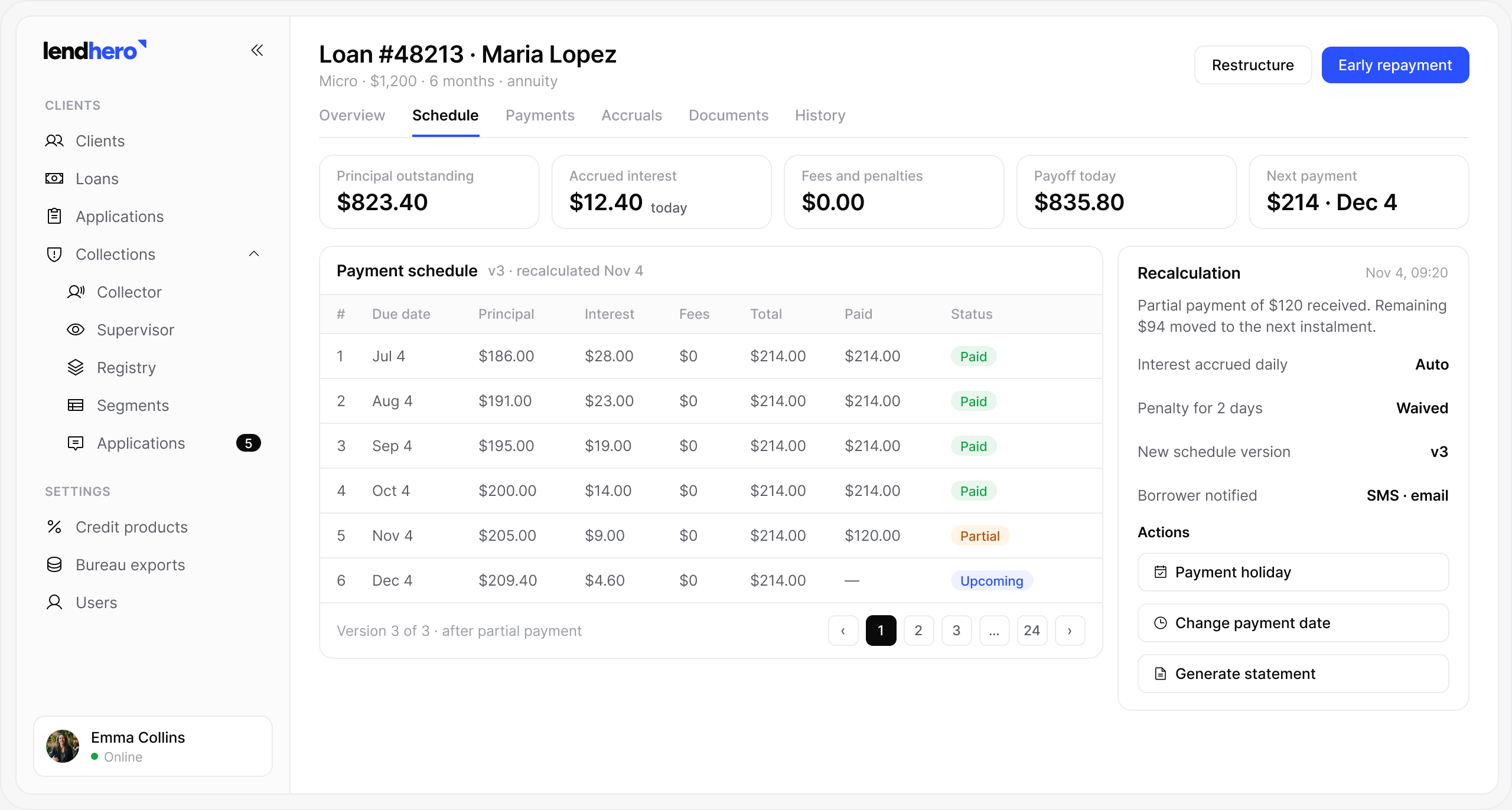 lendhero Loan servicing software interface